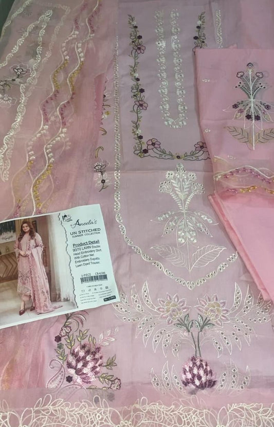 Aneela's lawn-3PC embroidered shirt with embroidered cotton net dupatta-CB-6506