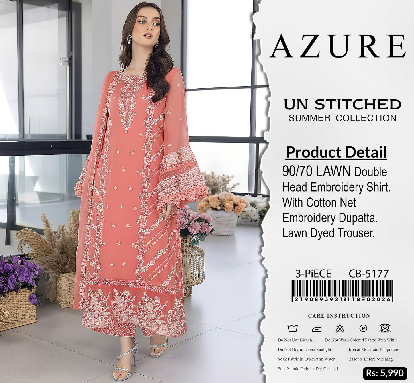 Azure Summer Collection CB-5177 | Peach 3-Piece Unstitched Embroidered Lawn Suit
