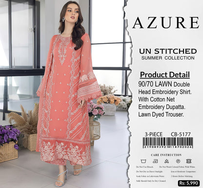 Azure Summer Collection CB-5177 | Peach 3-Piece Unstitched Embroidered Lawn Suit