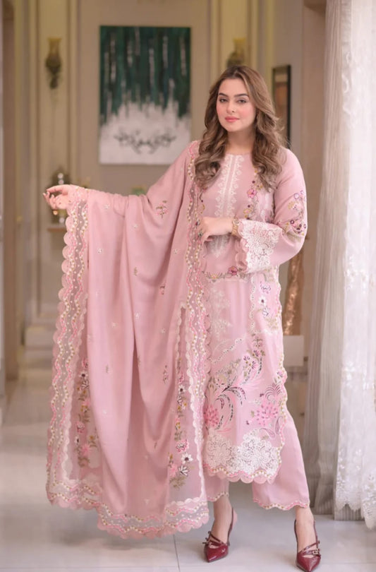 Aneela's lawn-3PC embroidered shirt with embroidered cotton net dupatta-CB-6506