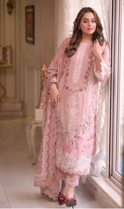 Aneela's lawn-3PC embroidered shirt with embroidered cotton net dupatta-CB-6506
