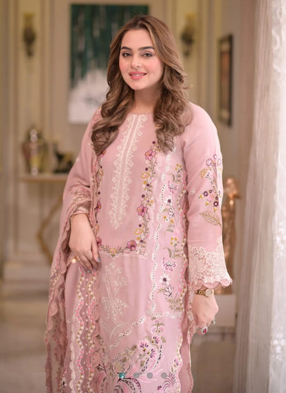 Aneela's lawn-3PC embroidered shirt with embroidered cotton net dupatta-CB-6506